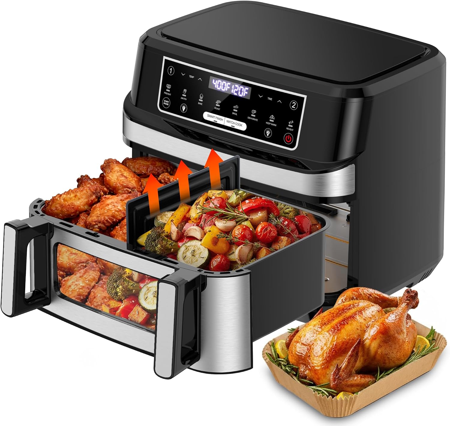 1600W Dual Zone Air Fryer Oven,12.69QT with Divider,Nonstick & Dishwasher-Safe Basket,Match Cook & Smart Finish to Roast,Recipes for Easy Cooking,Digital Touchscreen,Metal Sliver