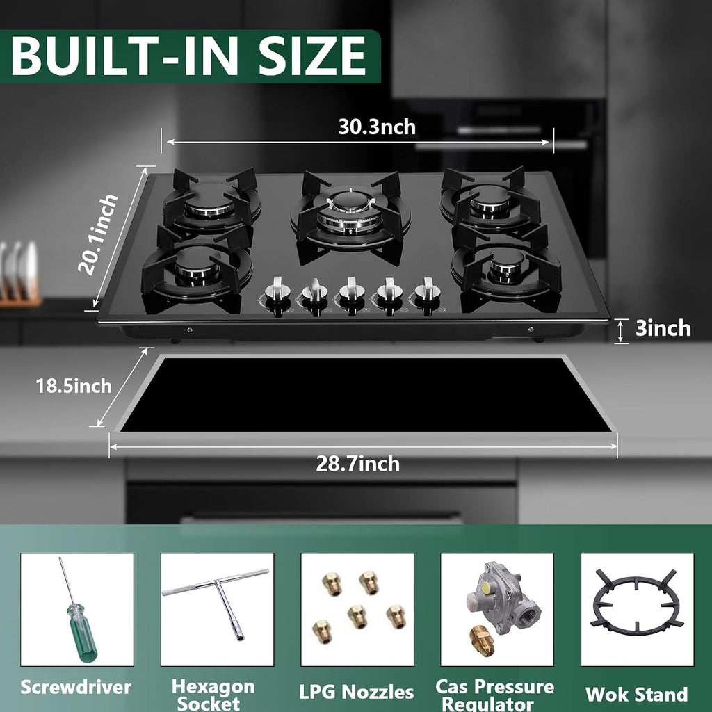 Gas Cooktop 30 Inch, Built-in Tempered Glass Gas Stovetop 5 High Efficiency Burners Gas Stove Top Propane/Natural Gas Convertible Gas Hob (Black)
