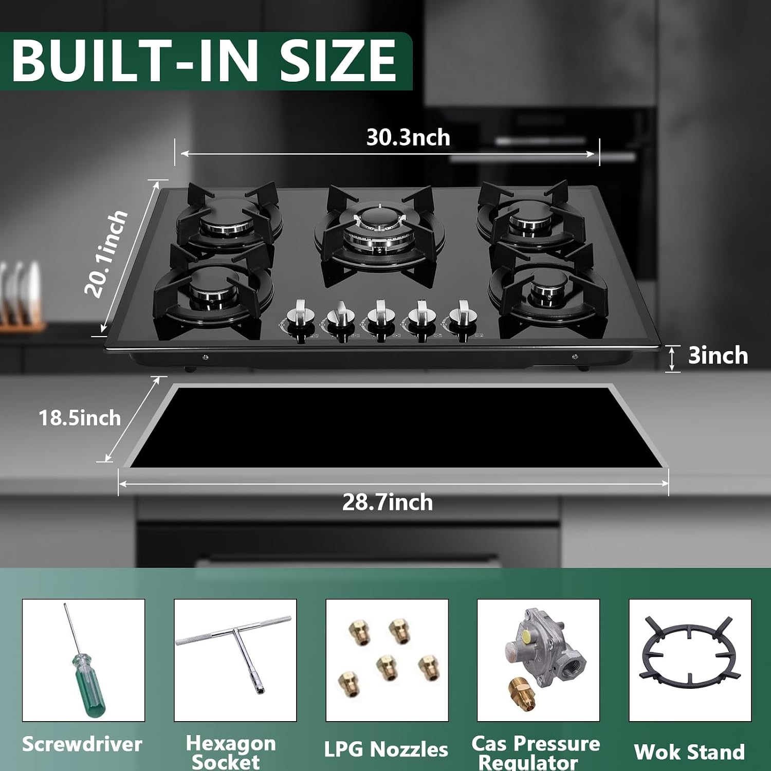 Gas Cooktop 30 Inch, Built-in Tempered Glass Gas Stovetop 5 High Efficiency Burners Gas Stove Top Propane/Natural Gas Convertible Gas Hob (Black)
