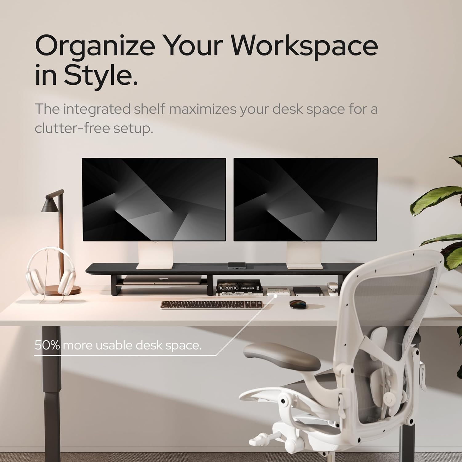 KIVY Dual Monitor Riser With Integrated Metal Shelf [MADE BY HAND] - Wooden Desk Shelf for 2 Monitors - Wide Long Stand for Desk (44 x10x3in - Black)