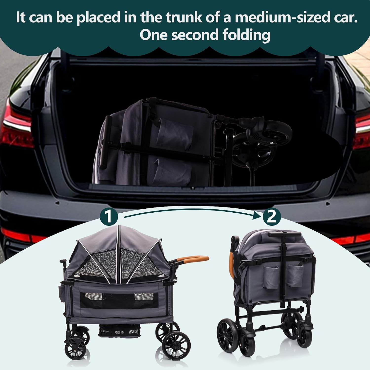 Luxury Wagon Stroller for 2 Kids & Cargo-Lightweight Foldable Travel Push Pull All-Terrain Double Wagon for Newborn&Toddler with 5-Point Harness,Adjustable Handle, Canopy,Tray Table,Cup Holder