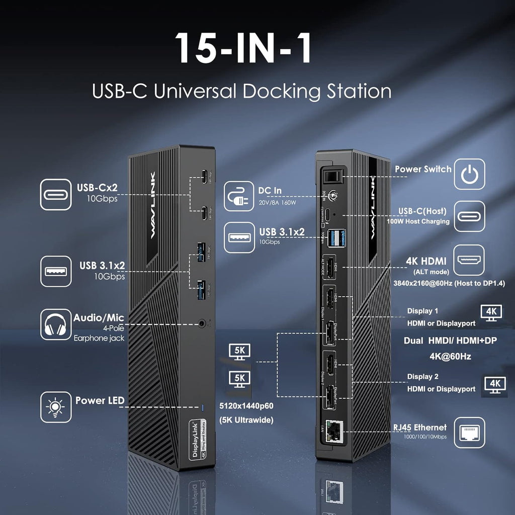 WAVLINK DisplayLink Docking Station Triple Monitor 4K@60Hz for 3 Monitors, 100W Charging for Thunderbolt 5/4/3, USB C M1-M5 Mac/MacBook Neo/Windows- 3 HDMI, 2 DP, 6 USB Ports, 160W Power, LAN, Audio