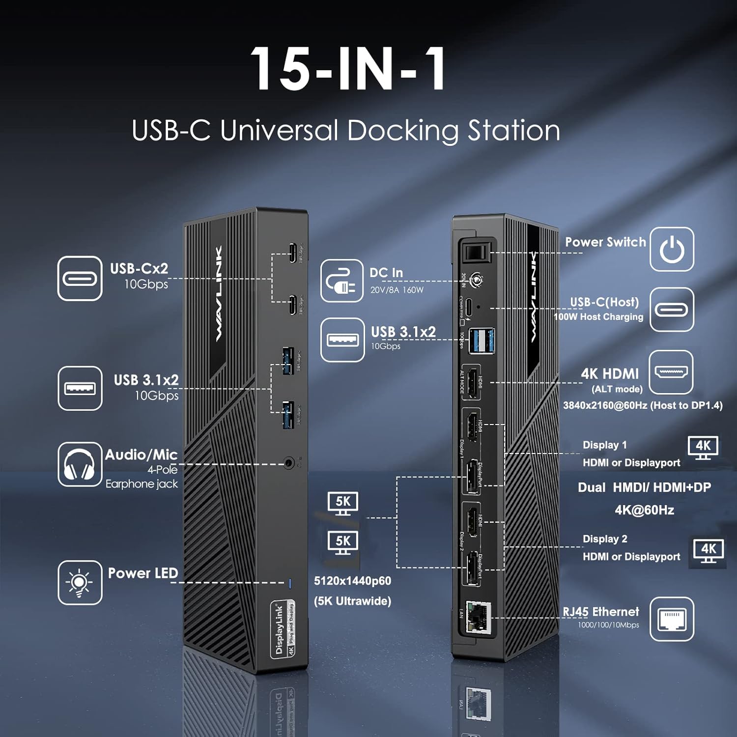 WAVLINK DisplayLink Docking Station Triple Monitor 4K@60Hz for 3 Monitors, 100W Charging for Thunderbolt 5/4/3, USB C M1-M5 Mac/MacBook Neo/Windows- 3 HDMI, 2 DP, 6 USB Ports, 160W Power, LAN, Audio