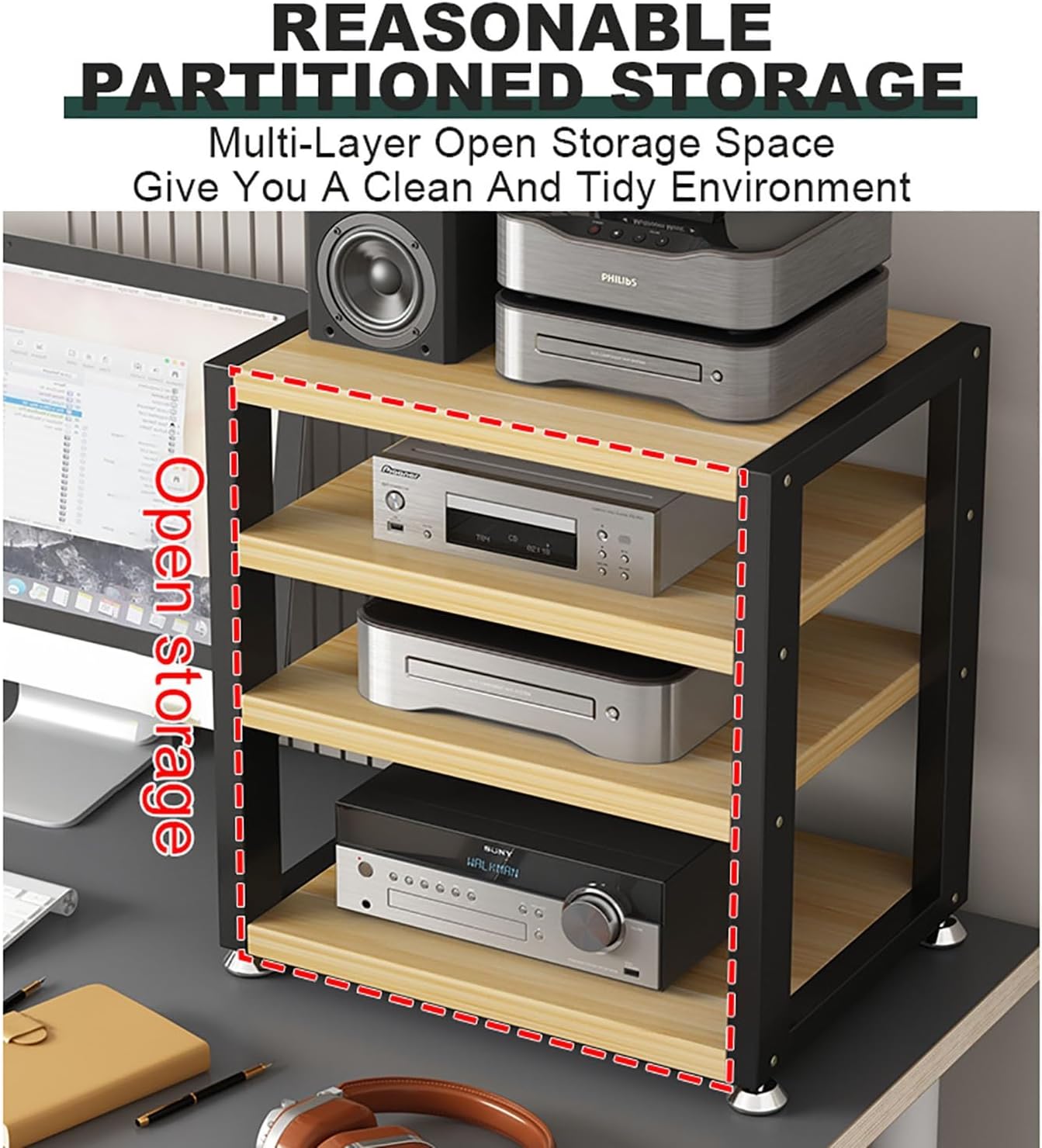 Portable Media Stand & Audio Rack - Corner Shelf for AV Equipment, Stereo Storage, TV & Gaming Console, Ideal for Living Room, Recording & Meeting Rooms - Wood Finish, 40x35x35.5 cm