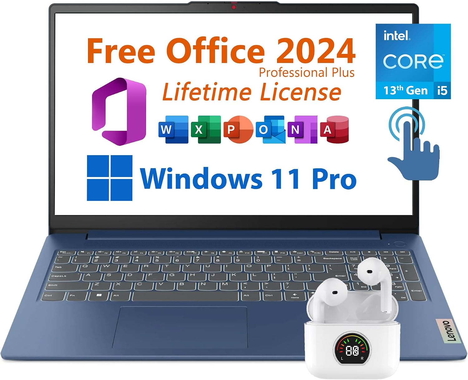 Lenovo 15.6' Laptop, Free Microsoft Office 2024 with Lifetime License, FHD Touchscreen, Intel 10-Core i5-1335U 4.6 GHz, 8GB RAM, 256GB SSD, WiFi 6, 7 hrs Battery Life, Windows 11 Pro, Toree Earbuds
