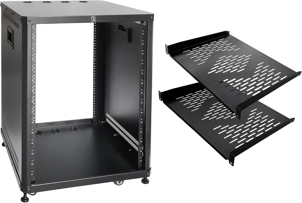 RIVECO 15U Network & Stereo Rack with Caster Rolling Server Rack for 19-inch Audio Video Musical & IT Equipment Mounting, Tapped & Square Holes+35cm Depth Rack Shelves 2PCS