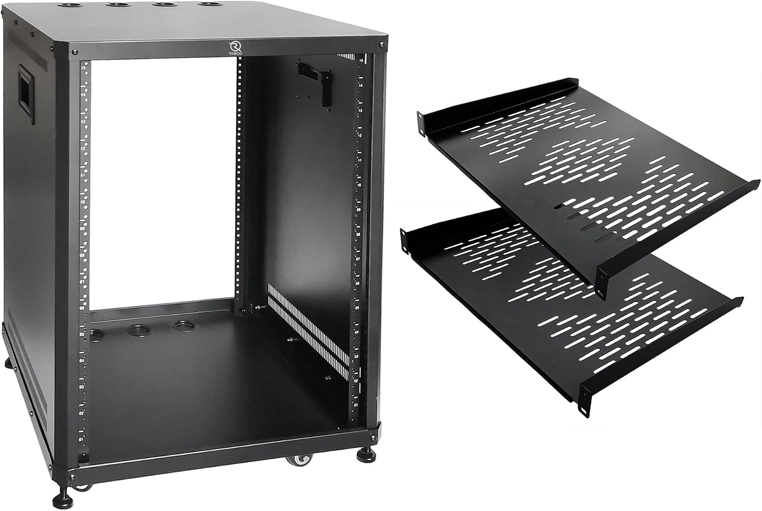 RIVECO 15U Network & Stereo Rack with Caster Rolling Server Rack for 19-inch Audio Video Musical & IT Equipment Mounting, Tapped & Square Holes+35cm Depth Rack Shelves 2PCS