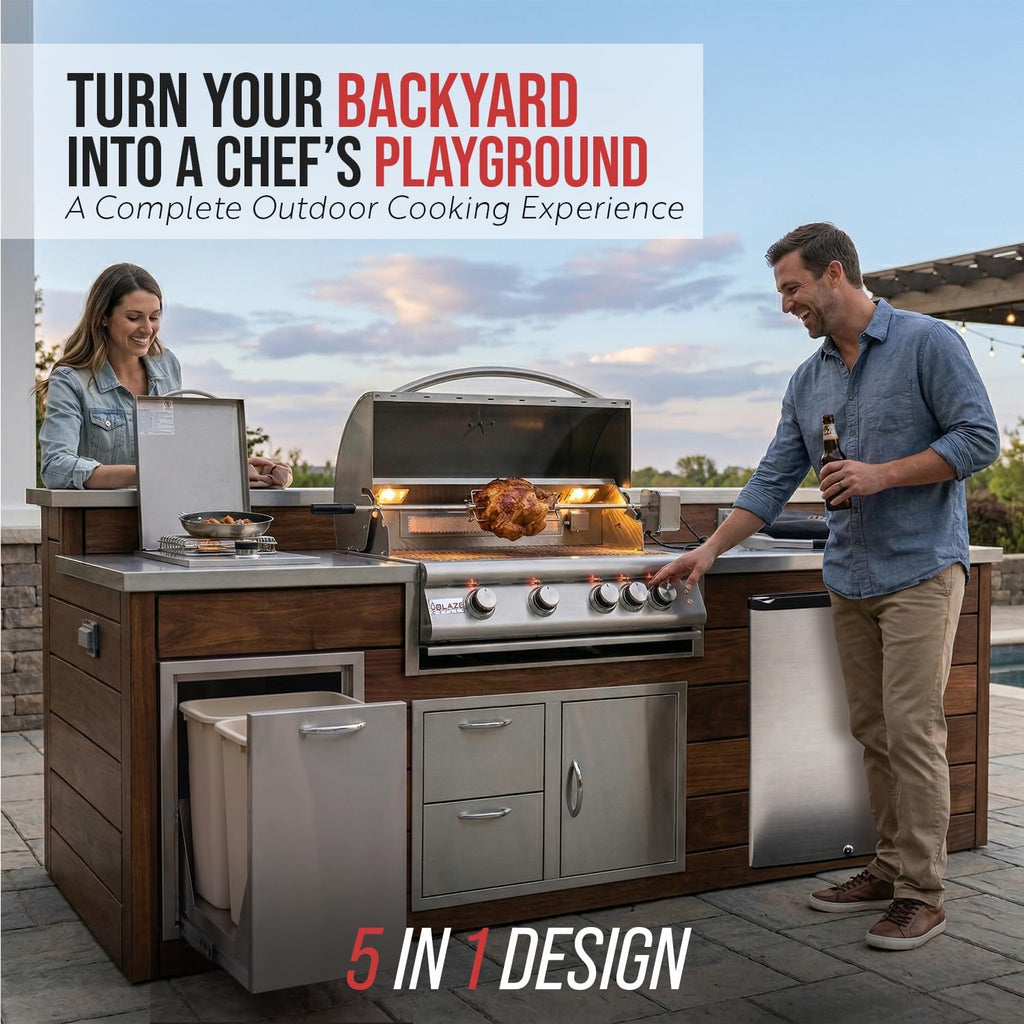 BLAZE BBQ Outdoor Gas Grill Package of 32' LTE Built-in Gas Grill, Dop-In Single Side Burner, 32' Door & Two Drawers Combo, Roll Out Double Trash Drawer, 20' Compact Refrigerator, and Accessories