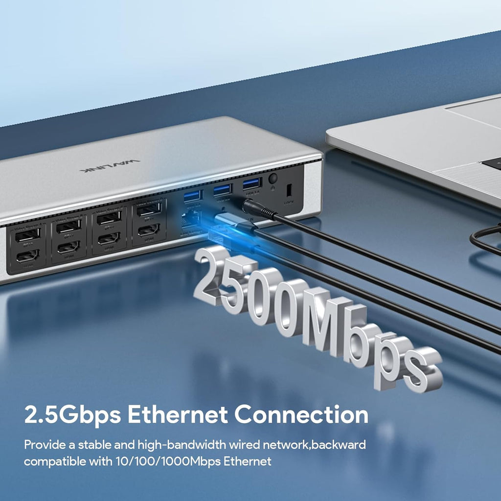 WAVLINK DisplayLink Laptop Docking Station - Quad Monitor 5K/4K @60Hz, 100W Charging - Thunderbolt 5/4, USB-C/A - M1-M5 Mac/Macbook Neo/Windows/Chrome- 4 HDMI, 4 DP, 180W Power, SD 4.0 CR, 2.5Gbps LAN