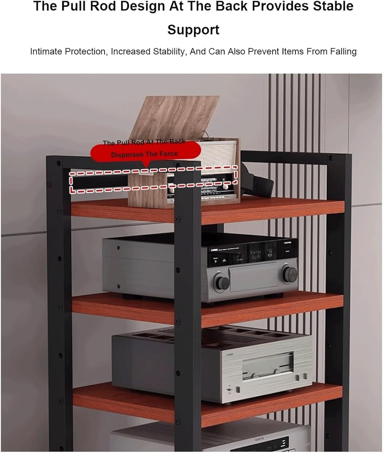Audio Rack 6 Tier Stereo Rack Adjustable Audio Equipment Rack Audio Open HiFi Rack Wooden Movable Audio-Video Shelving with Wheels(Brown)