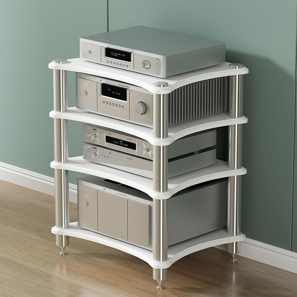 Heavy Duty Audio Component Rack, 85cm High Amplifier Rack Shelf/Audio-Video Shelving - Display Record Player Stereo Receiver, HiFi Audiophile Equipment Cabinet, Black White Wood Teak