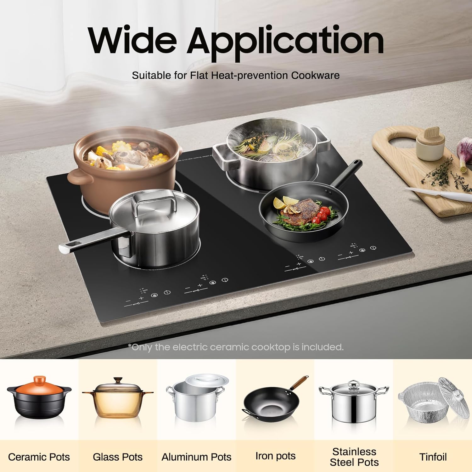Electric Ceramic Cooktop with 4 Burners, 4-Head Induction Cooker, Countertop & Built-In Ceramic Cooktop, Electric Stove Top with 9 Power Gears, Touch-Adjustable Control, Child Safety Lock