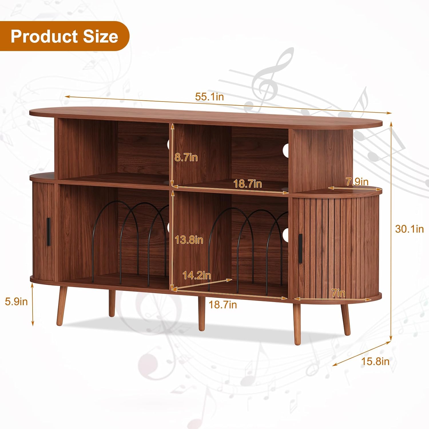 55.1' Wide Record Player Stand with Storage - Vinyl Record Storage Cabinet & Media Console Holds 300+ Records, Mid Century Modern Turntable Stand for Living Room (Walnut, 55.1')