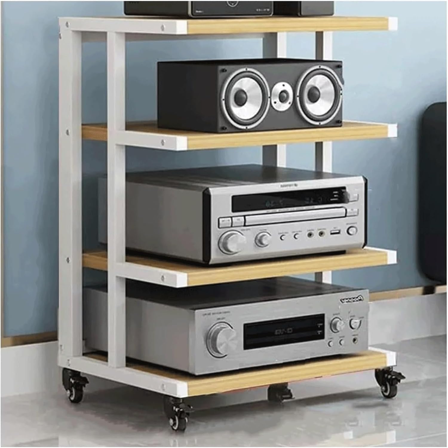 Audio Rack Wooden Stereo Rack Audio Equipment Rack Audio Open Rack Cabinet HiFi Rack with Wheels Audio-Video Shelving Movable Strong(Natural,4 Tier)