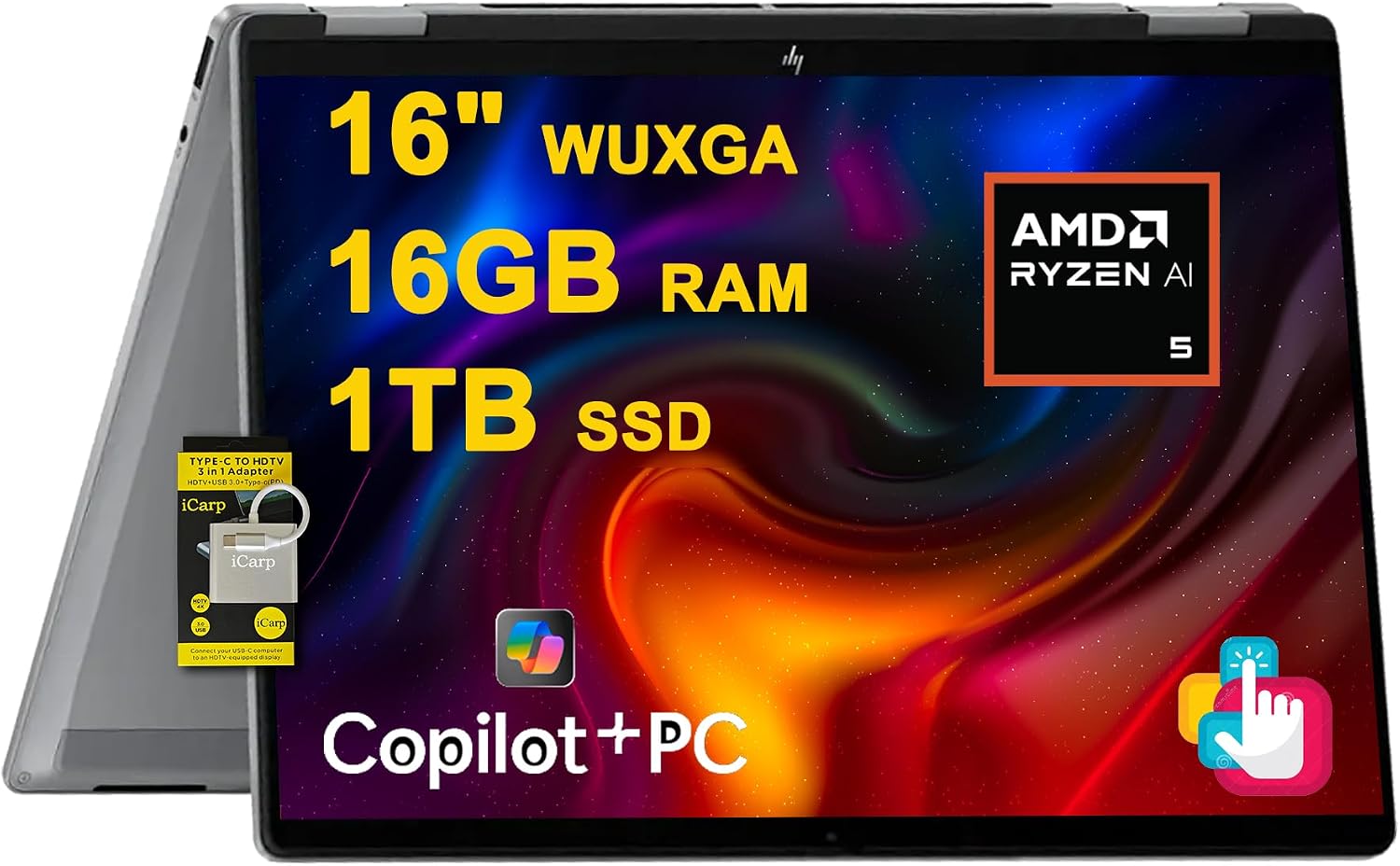 HP OmniBook X Flip 2-in-1 Laptop 16' WUXGA IPS Touch (400nits) AMD 6-core Ryzen AI 5 340 (Up to 50 Tops) 16GB RAM 1TB SSD for Creator Designer Business Professional Win11 ICP Hub