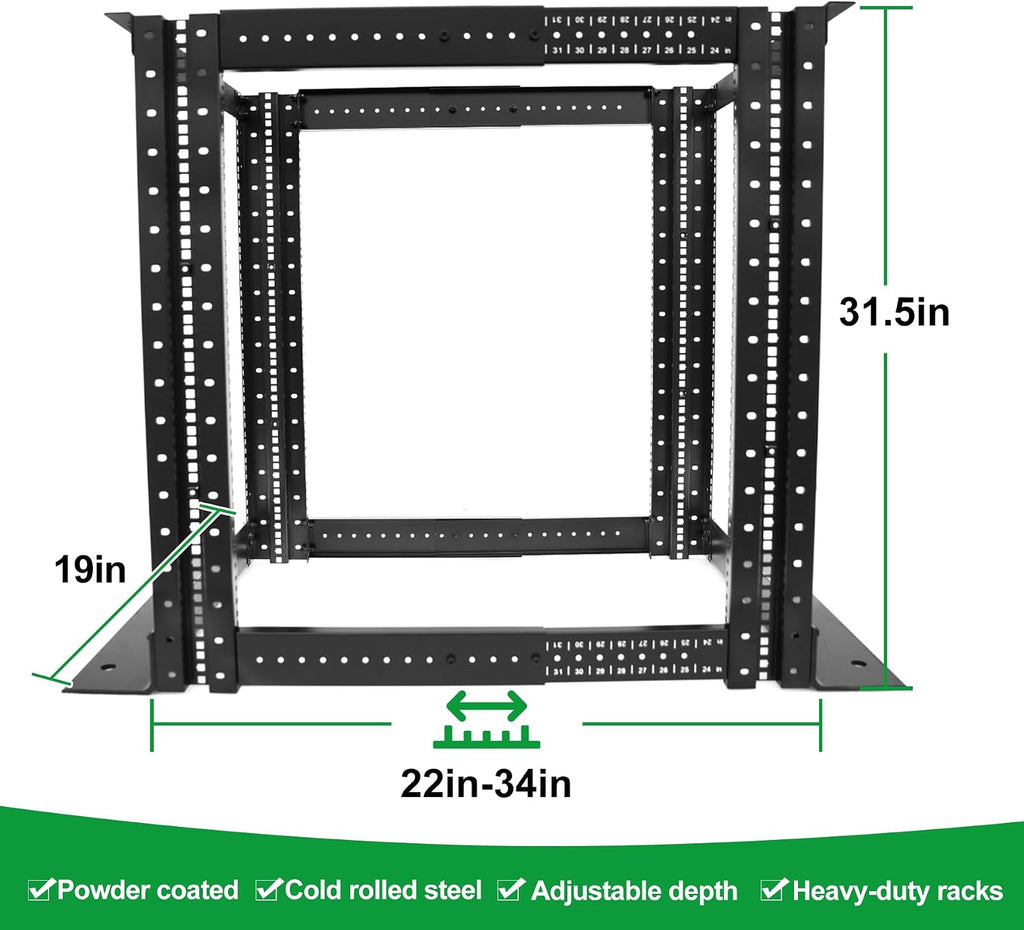 4-Post 15U Open Frame Server Rack for 19' IT Network Equipment & A/V Devices，22'-34' Adjustable Depth，Heavy Duty Free Standing Rack for Servers & AV Gear 4POST-N15U