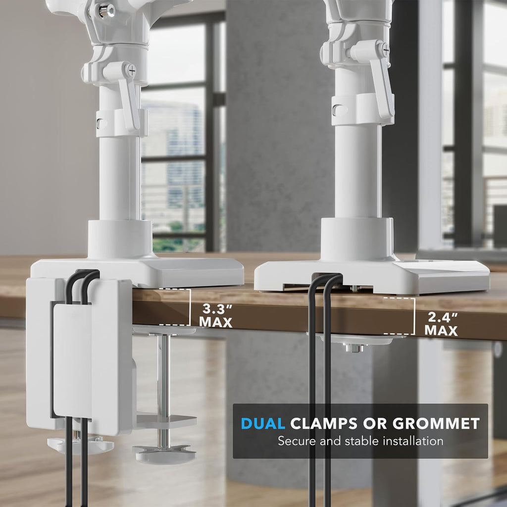 Mount-It! Triple Monitor Mount, 3 Monitor Desk Mount, Gas Spring Arms, Fits 13–27' Screens, VESA 75 & 100, Clamp or Grommet, USB-A & USB-C, White