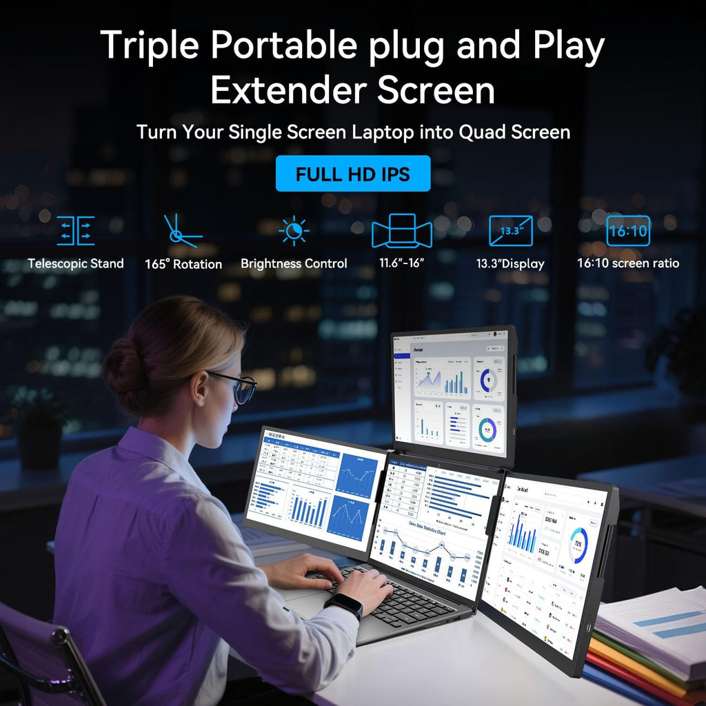 ADREAMER 13.3' Triple Screen Laptop Monitor Extender, Detachable 3 Monitor for 11.6'-16', FHD 1200P IPS, Multi Screen Laptop Attachment, Compatible with Wins/MacOS(M1/M2/M3).