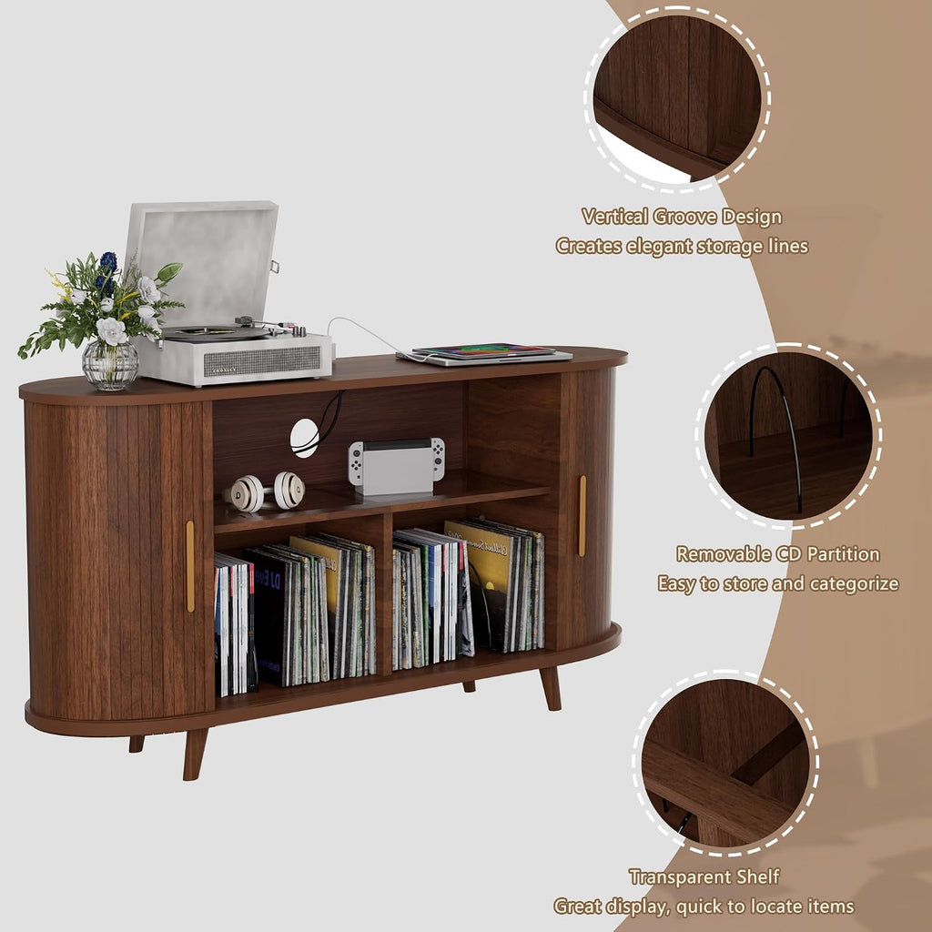 Vinyl Record Player Stand with LED Lights & Charging Station, Large Record Holdert with Sliding Door for Turntable, Speakers, Modern Media Cabinet for Living Room Bedroom (Walnut, 55in)