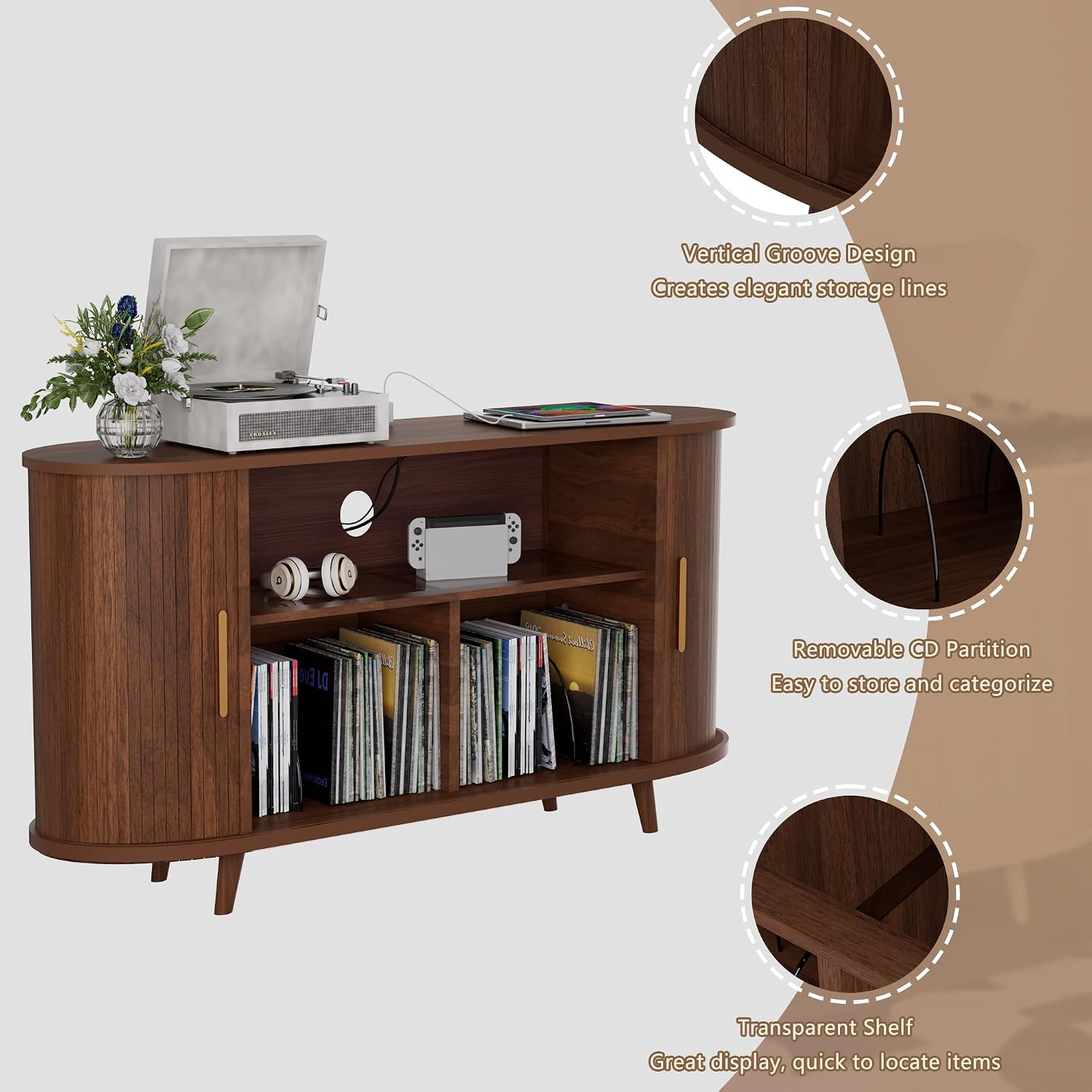 Vinyl Record Player Stand with LED Lights & Charging Station, Large Record Holdert with Sliding Door for Turntable, Speakers, Modern Media Cabinet for Living Room Bedroom (Walnut, 55in)