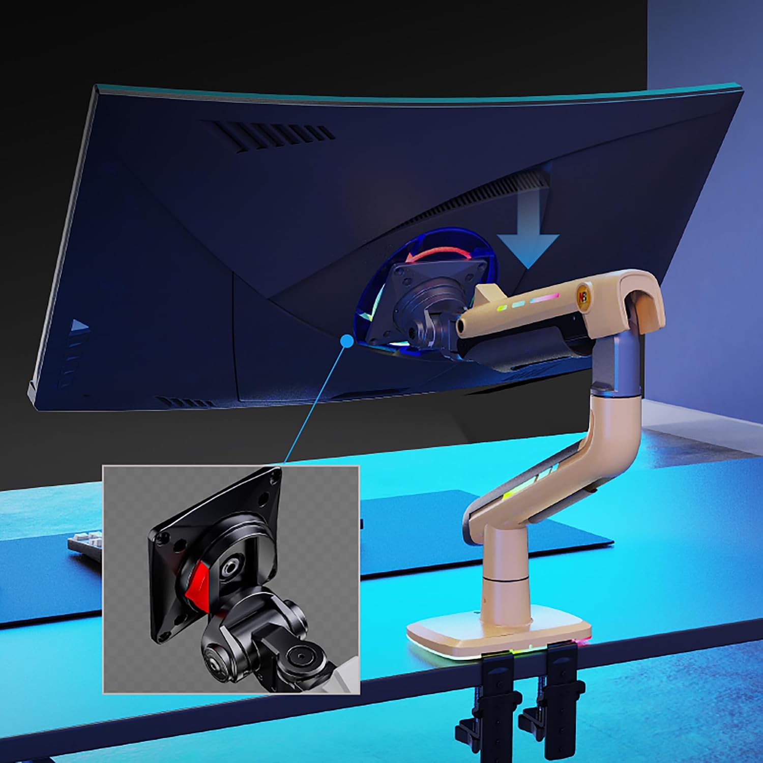 NB Gaming Monitor Arm or for 32 to 60 Inches Screen, Load up to 20 kg, VESA 75/100, RGB-Light, Heavy Duty, Multi Angle Adjustable, Premium Aluminum, Yellow
