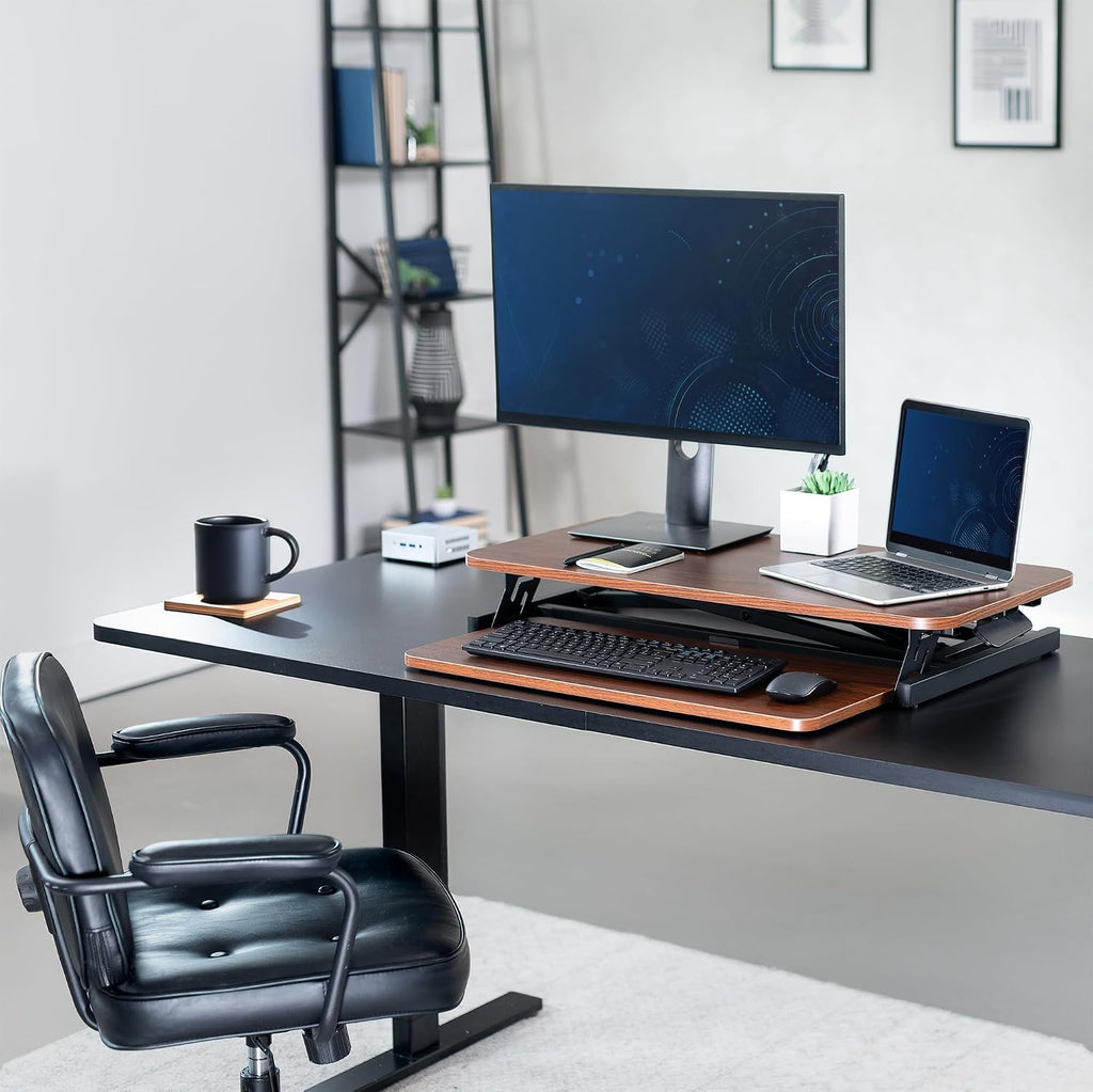 VIVO Height Adjustable 32 inch Stand Up Desk Converter, Quick Sit to Stand Tabletop Dual Monitor Riser Workstation, Dark Walnut Desktop, Black Frame, DESK-V000SD