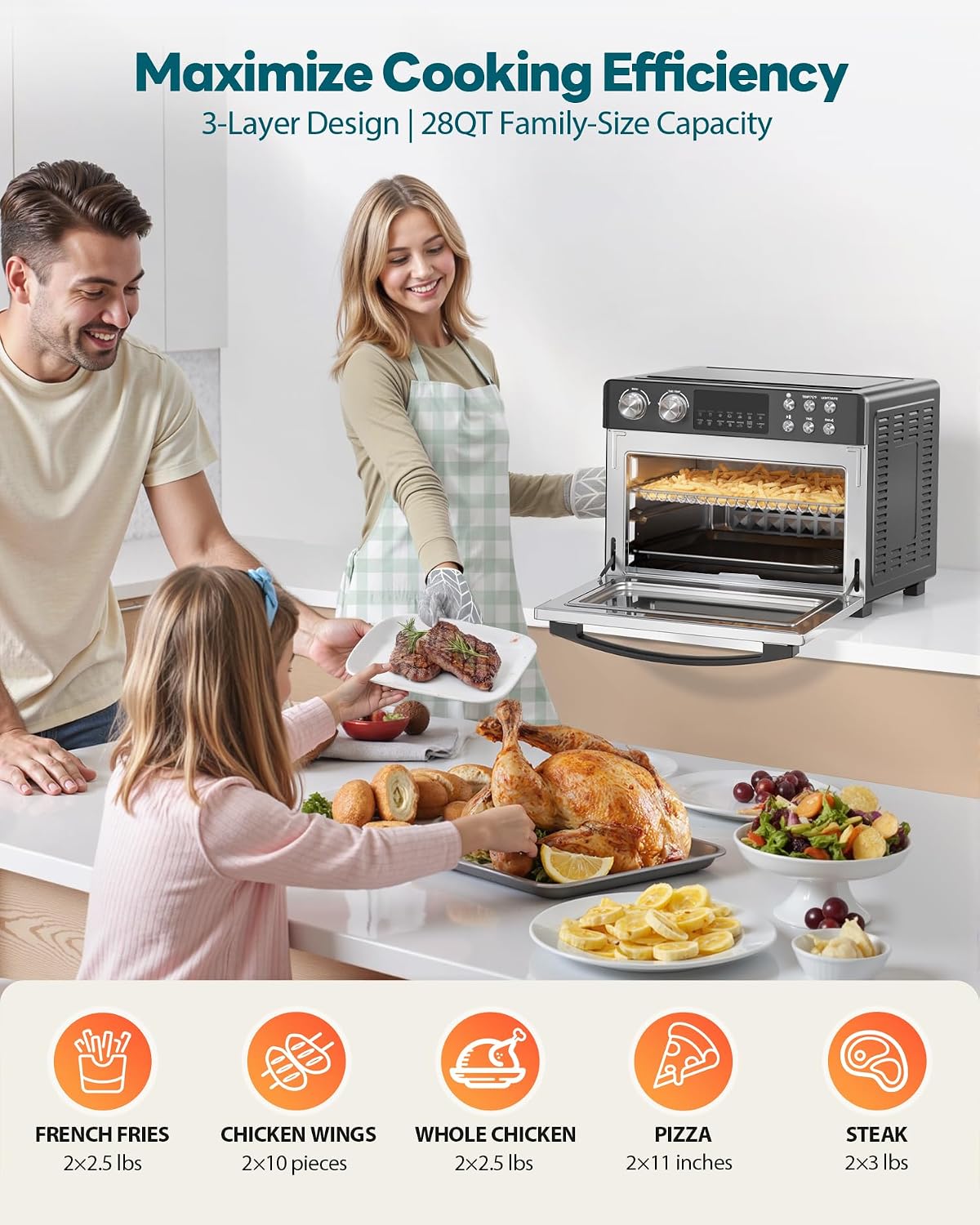 28QT Air Fryer Toaster Oven Combo, Large 12-in-1 Convection Countertop Oven with Next-Gen HeatWave Convection, 3-Layer Cooking, Rotisserie for Chicken, Fits 11' Pizza, Full Accessories, Glitter Black