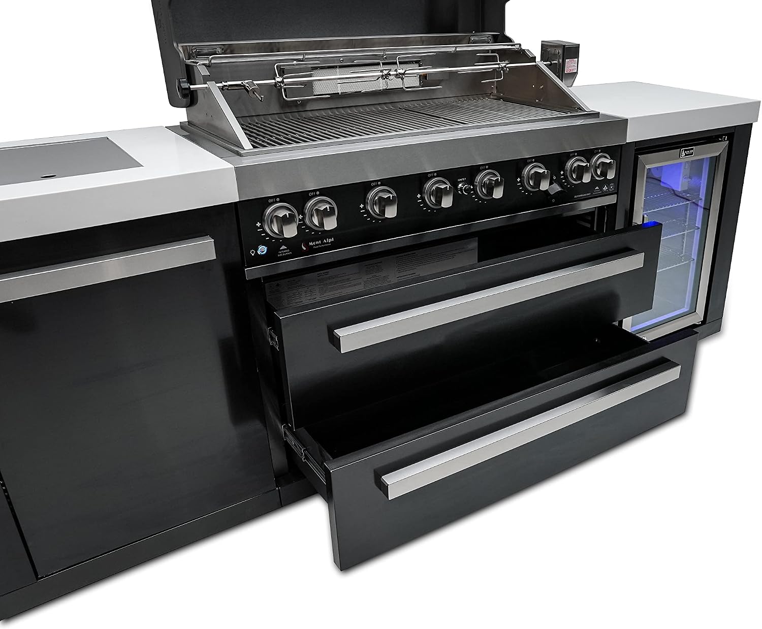 Mont Alpi Black Series Stainless Steel 94'W x 23'D Modular Outdoor Kitchen Island + Side Burner + Refrigerator + 44'W 6-Burner BBQ Gas Grill + White Granite Countertops + Storage Cabinets & Drawers