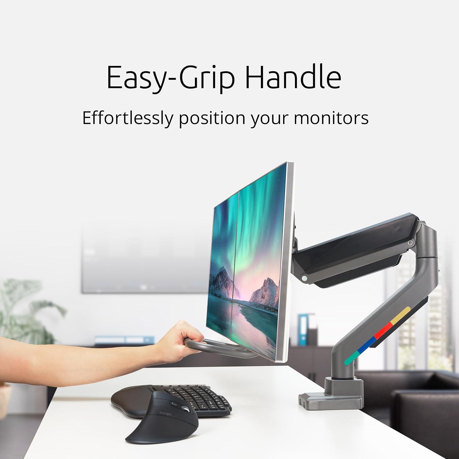 Kensington SmartFit Dual Monitor Arm with Crossbar and Easy-Grip Handle for 2 Screens Up to 32 Inch 19.8lbs, Gas Spring Height-Adjustable C-clamp or Grommet Monitor Mount with Max VESA 75/100mm