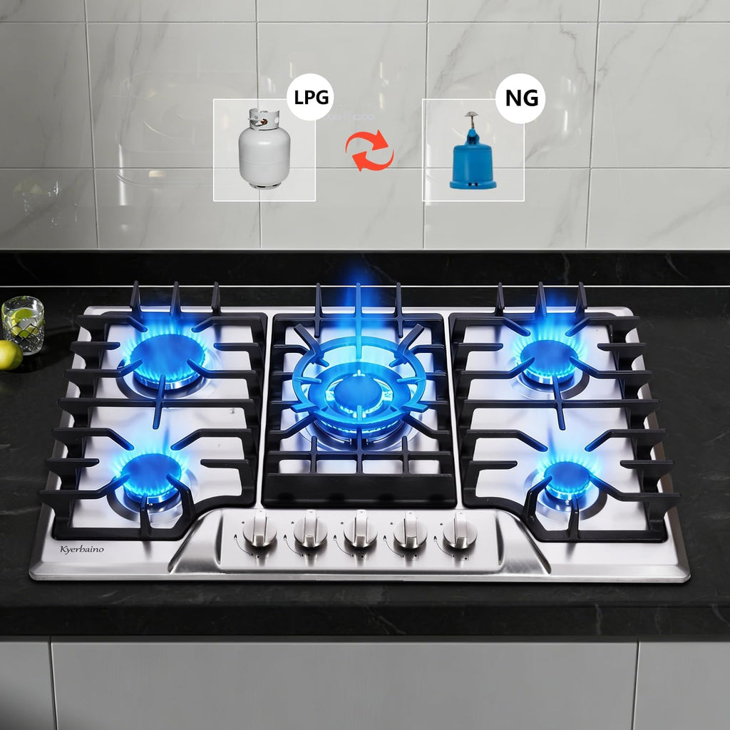 Gas Cooktop 30 Inch, Built-in 5 Burners Gas Stovetop Stainless Steel LPG/NG Convertible Gas Stove Dual Fuel Sealed Gas Cooktop