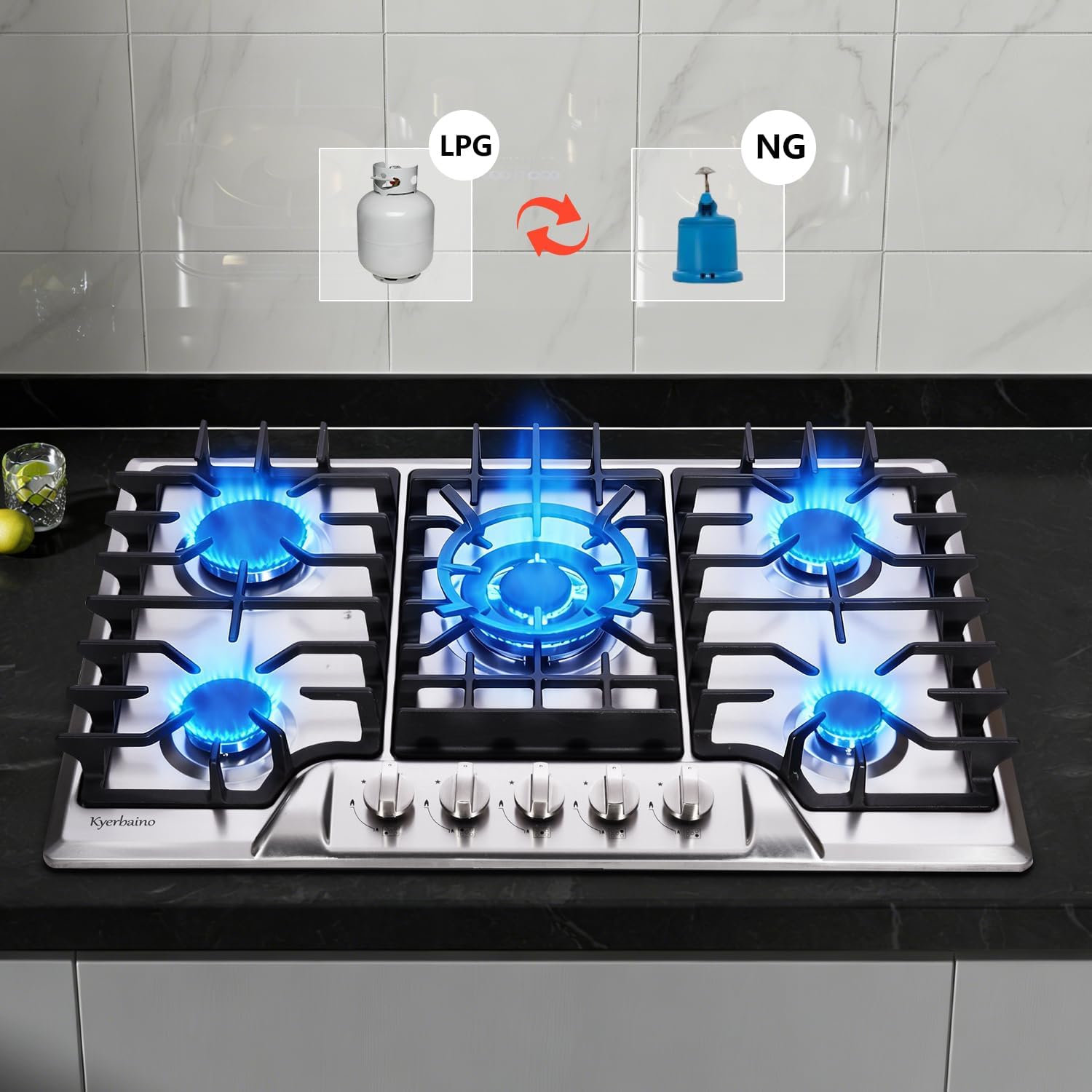 Gas Cooktop 30 Inch, Built-in 5 Burners Gas Stovetop Stainless Steel LPG/NG Convertible Gas Stove Dual Fuel Sealed Gas Cooktop