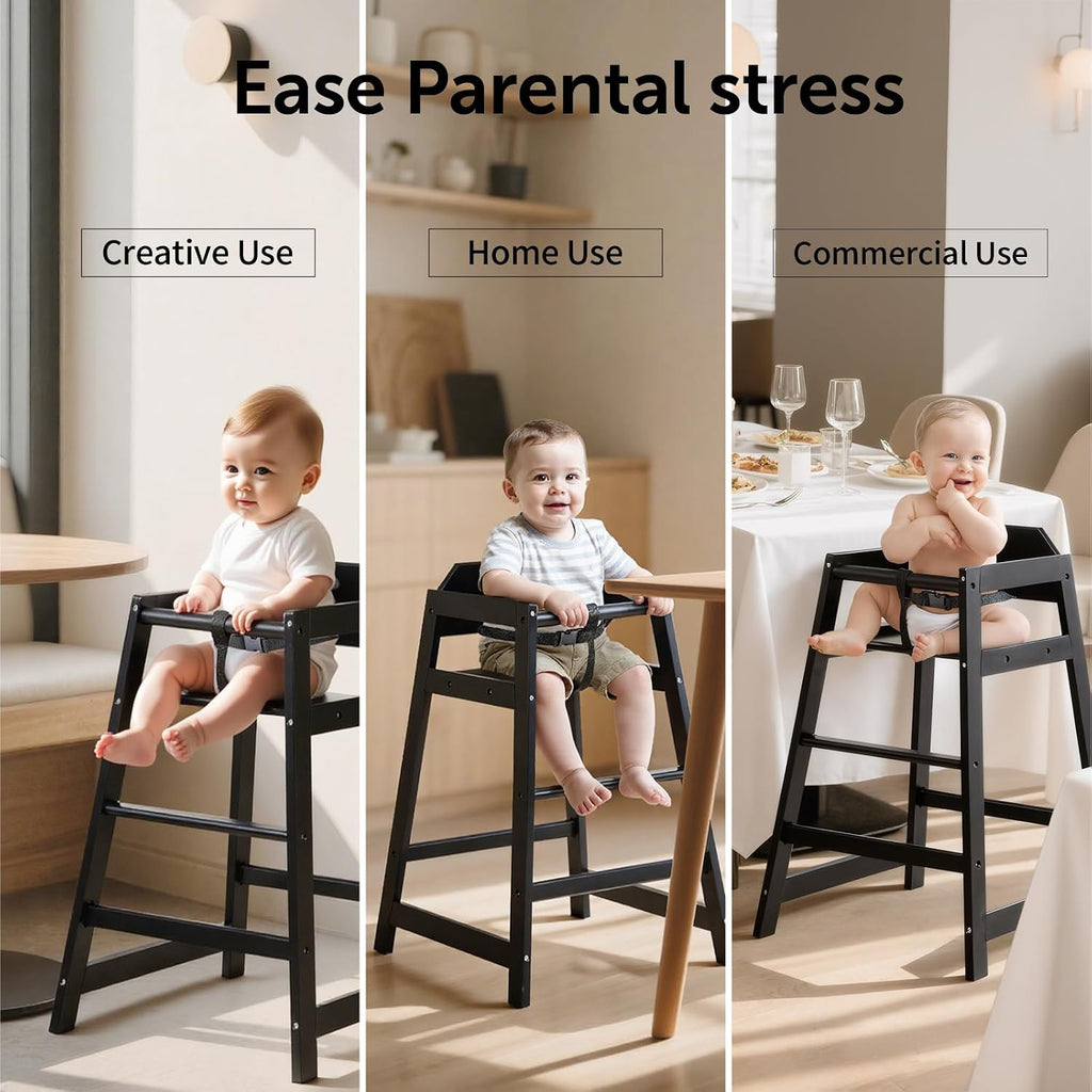 4-Pack Wooden Baby High Chair -Stack-able Solid Wood Feeding Seats, with Commercial Grade Solid Wood for Dining Table & Kitchen - Compact & Portable Design for Restaurant & Home Use（Black）