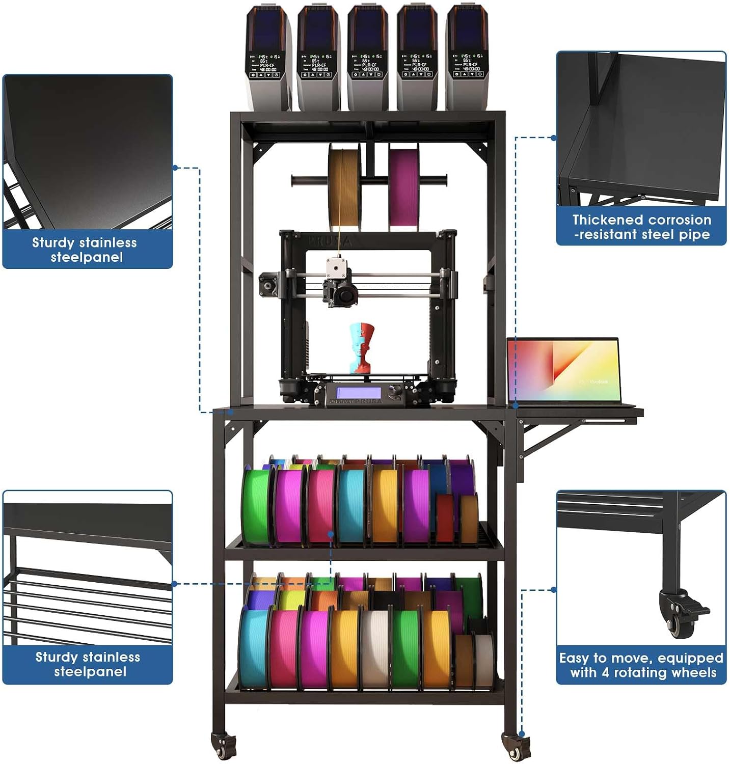 3D Printer Stand with Lockable Wheels | 3d printer cart with T-Shaped Filament Storage & 200LB Workbench for Home Office, Studio | Metal Frame & Easy Assembly