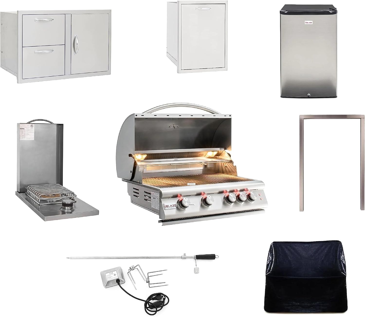 BLAZE BBQ Outdoor Gas Grill Package of 32' LTE Built-in Gas Grill, Dop-In Single Side Burner, 32' Door & Two Drawers Combo, Roll Out Double Trash Drawer, 20' Compact Refrigerator, and Accessories