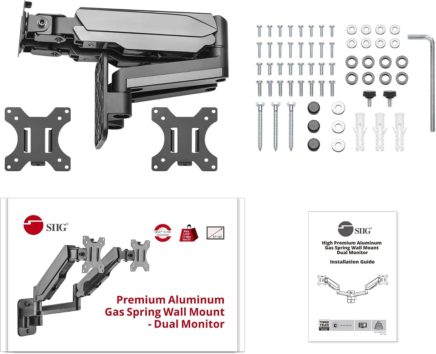 SIIG Dual Arm Monitor Wall Mount for 17' to 32' Screens, Up to 17.6lbs per Monitor, Heavy Duty Aluminum Gas Spring with Rotation, Tilt, Swivel, VESA 75x75 or 100x100 (CE-MT2M12-S1)
