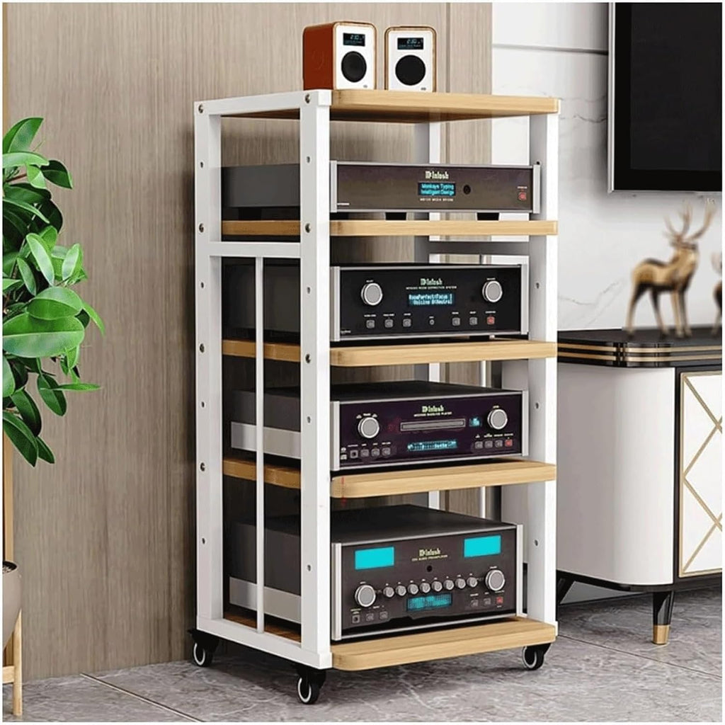 Audio Rack Movable Stereo Rack Audio Equipment Rack Audio Open Stereo Shelf with Wheels HiFi Rack Adjustable Audio-Video Shelving(Natural,5 Tier)