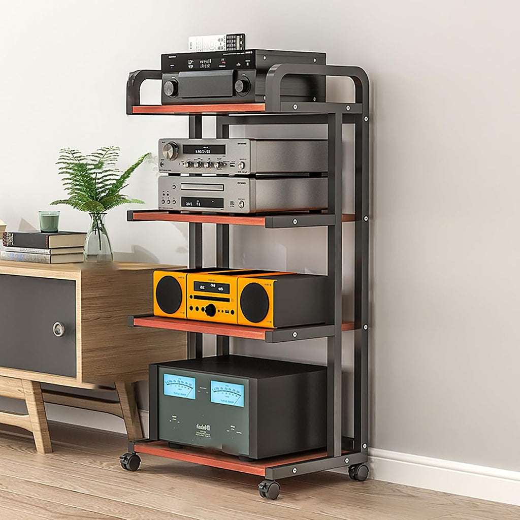 Movable Corner Storage Shelf with Wheels - 3/4/5 Tier Audio Rack for Amplifiers & Media - Floor-Standing Shelving Unit for Living Room, Gaming & Recording Room (Walnut, 50x40x111cm)