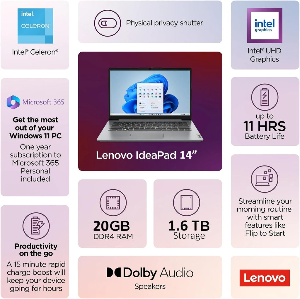 Lenovo IdeaPad 14' Laptop • 12GB RAM • 384GB Combined Storage Onboard • Intel Celeron • Intel UHD Graphics • 11HR Battery • WiFi-6 • Office 365 for The Web • Windows 11