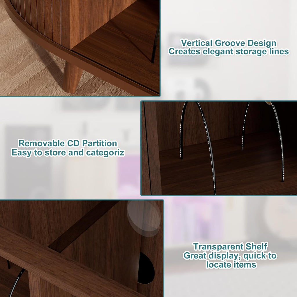 Large Record Player Stand with LED Lights, Vinyl Record Storage with Charging Station & USB Ports, Record Player Cabinet for Living Room(Natural, 55in) (Walnut, 55in)