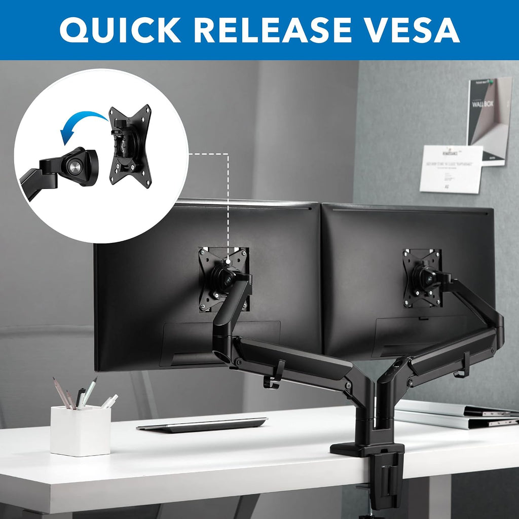 Mount-It! Dual Monitor Arm for 2 Monitors 17' to 32' Screens, Holds 19.8lbs per Arm, Height Adjustable, Tilt/Swivel/Rotate, Gas Spring System, Max VESA 100x100, C-Clamp & Grommet Base