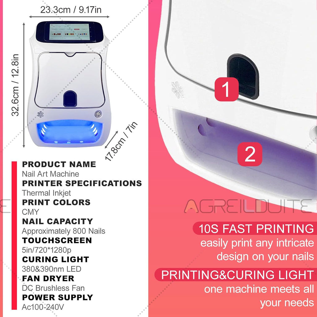 Digital Mobile Nail Art Printer,3D Automatic Nail Machine W/Over 800 Pictures of Nail, Touch Screen Display + Nail Dryer, Nail Art Printing Machine for Girls' Home Nails Machine