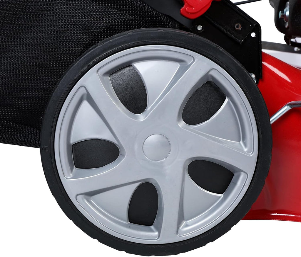 Self Propelled Gas Lawn Mower,20 Inch Lawn Machine Adjustable Length 141cc Gas Engine Mower Ergonomic Handle 2850rpm Walk Behind Mower with 50L Grass Tank High Rear Wheel for Lawn Care Red