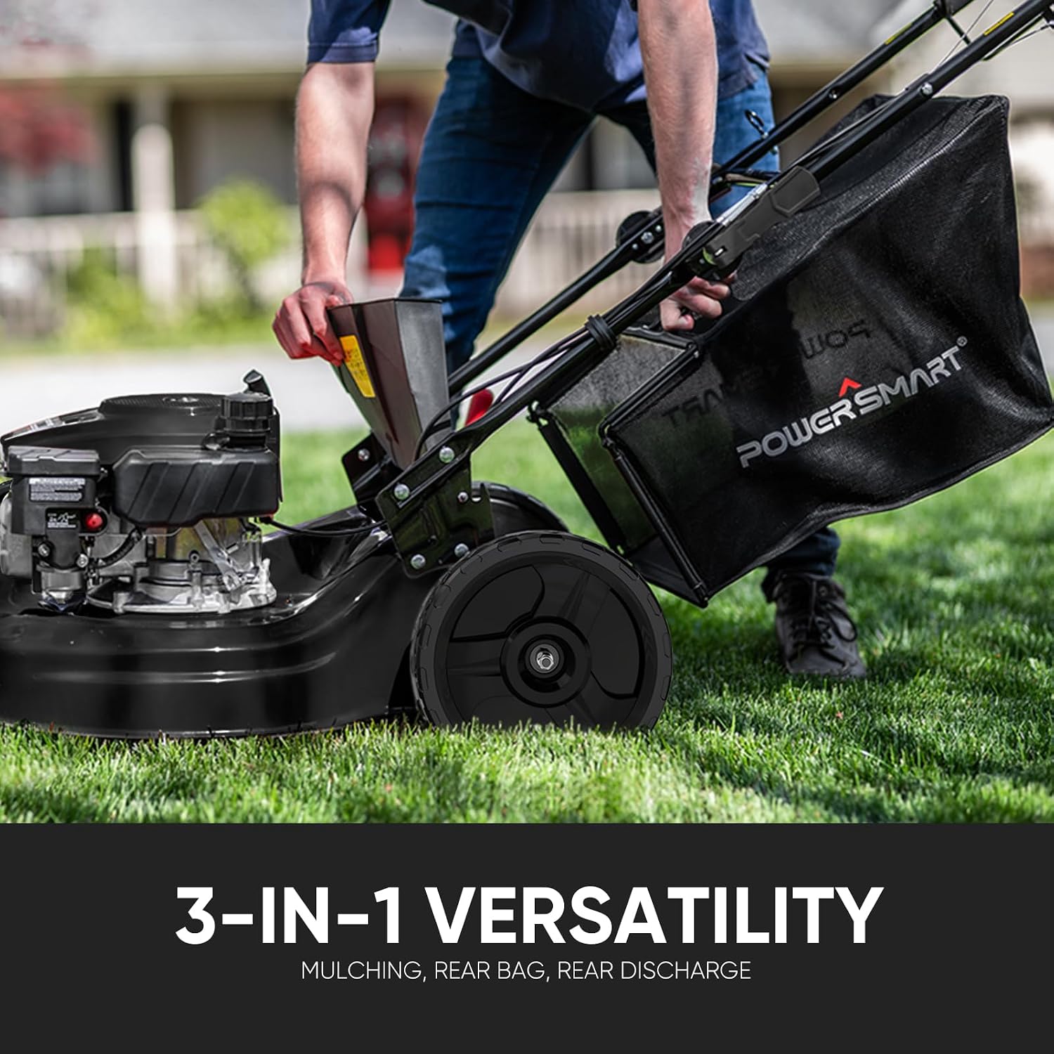 PowerSmart 22-Inch Self Propelled Gas Lawn Mower, 170cc OHV Engine, 3-in-1 Mulch/Bag/Side Discharge, Steel Deck, 6 Height Adjustment, Black