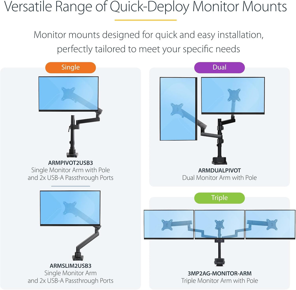 StarTech.com Desk Mount Triple Monitor Arm for Up to Three 27in Screens, VESA 75x75/100x100, Mechanical Spring Arm