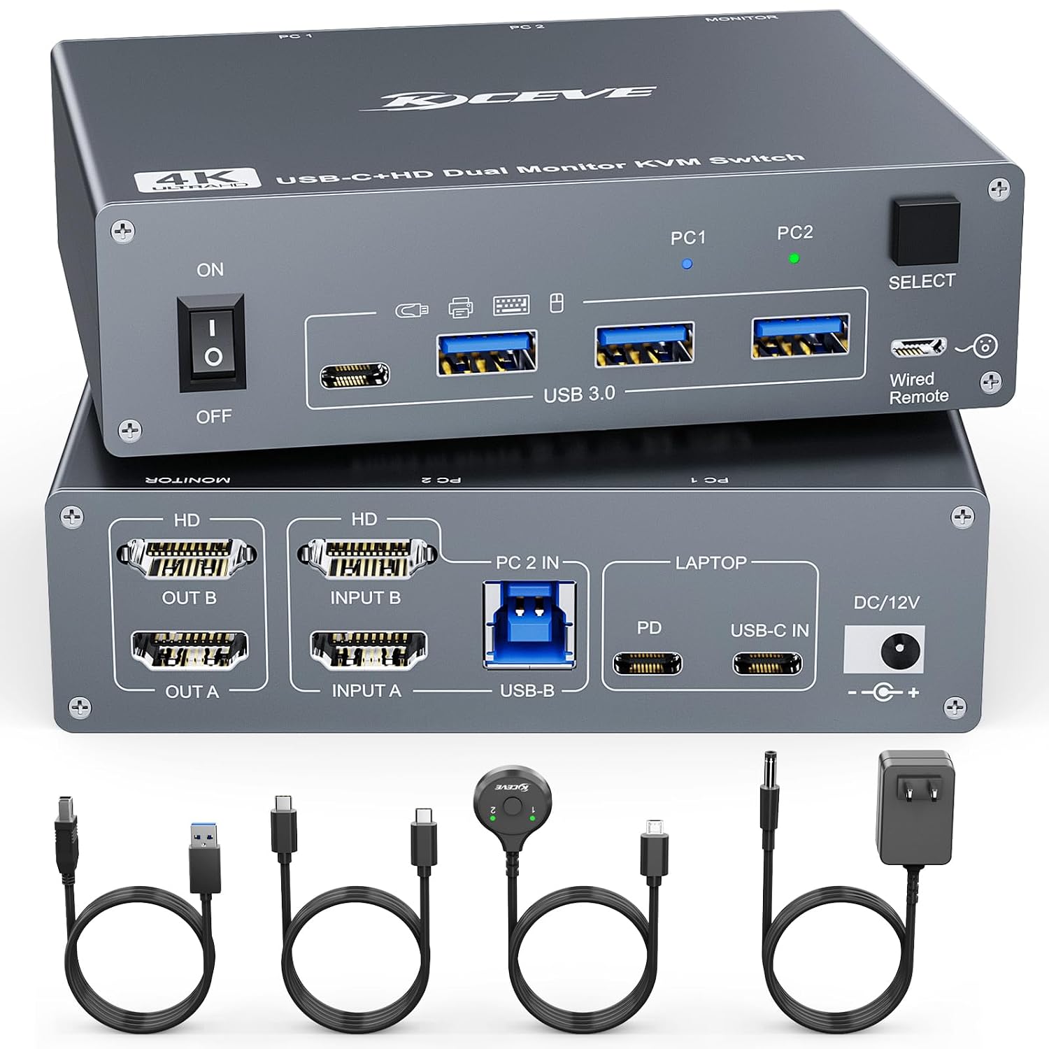 KCEVE KVM Switch 2 Monitors 2 Computers USB C HDMI, Dual Monitor USB 3.0 USB Typc C KVM Switcher Supports 4K@60Hz for 2 Computers Share Keyboard, Mouse and Monitor