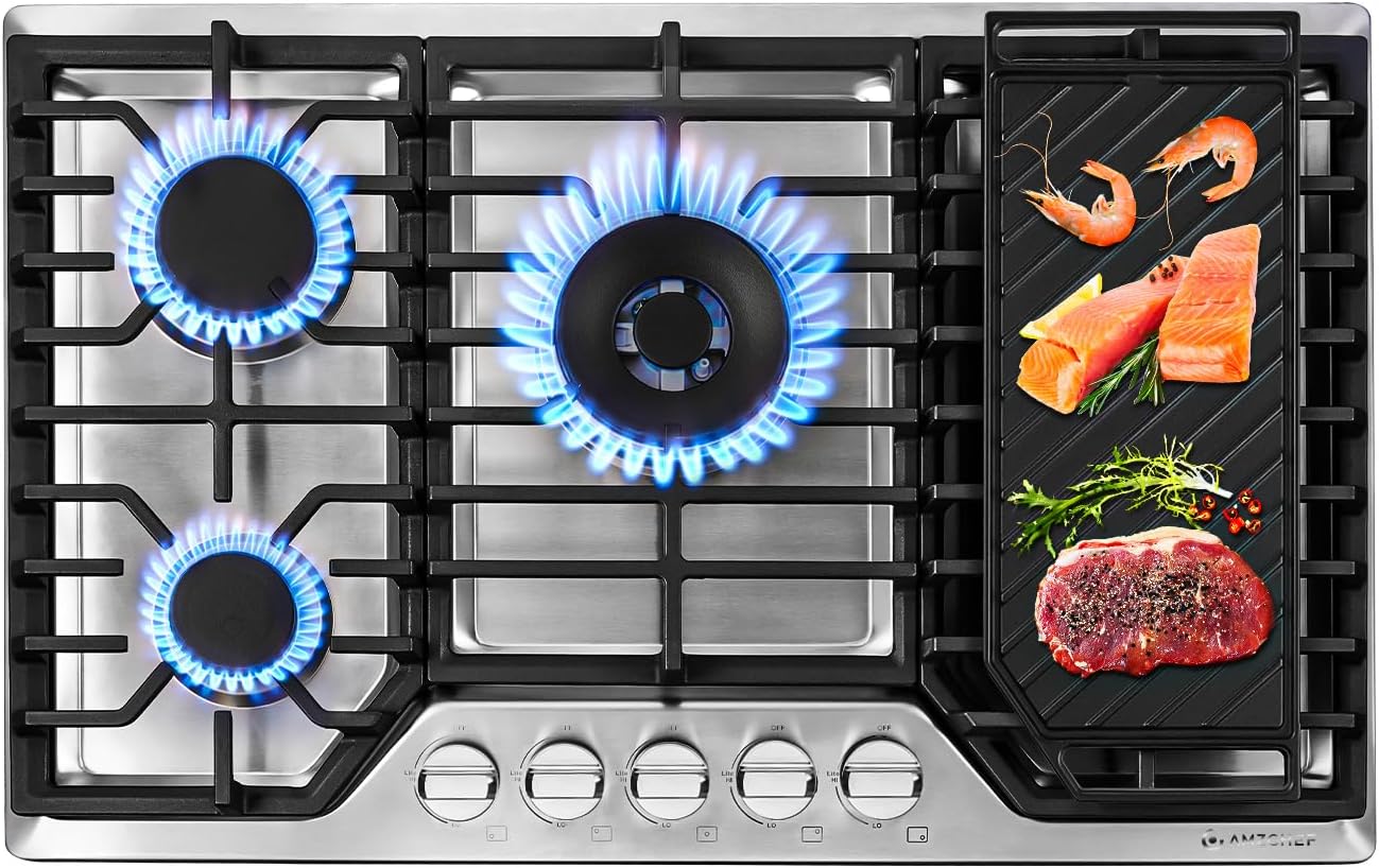 AMZCHEF 30 inch Gas Cooktop with 5 Made in Italy SABAF Power Burners,Max 48300 BTU/hr Built-in Gas Stove top of 304 Stainless steel with Double Sided griddle,NG/LPG Convertible,ETL.