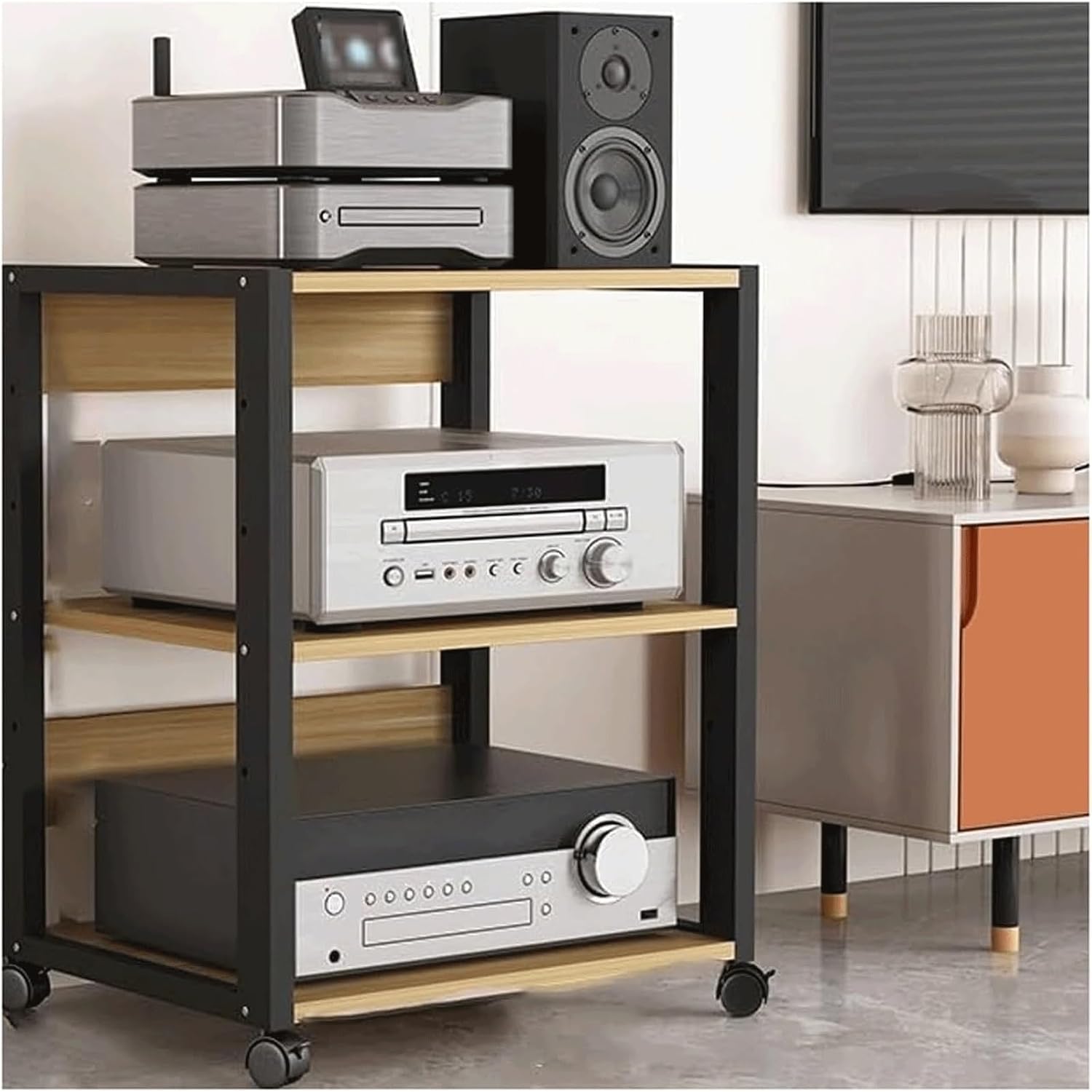 Audio Rack Mobile Stereo Rack Audio Equipment Rack Wooden Audio Rack Cabinet with Height Adjustable Shelves HiFi Rack with Wheels(Brown,3 Tier)