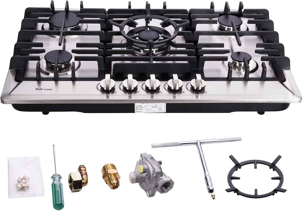 30 Inch Gas Cooktop, Stainless Steel Built-in 5 Burners Gas Stovetop LPG/NG Convertible Gas Stove Top Dual Fuel Cooktop DM527-02