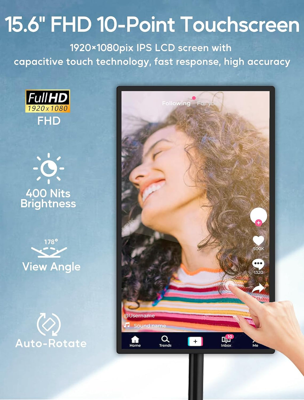 15.6' Digital Signage with Battery, Capacitive Touchscreen Advertising Display, Commercial LCD Monitor with Stand, Auto Play, Wireless Screen Mirroring, Android 13, 2+32GB, Black