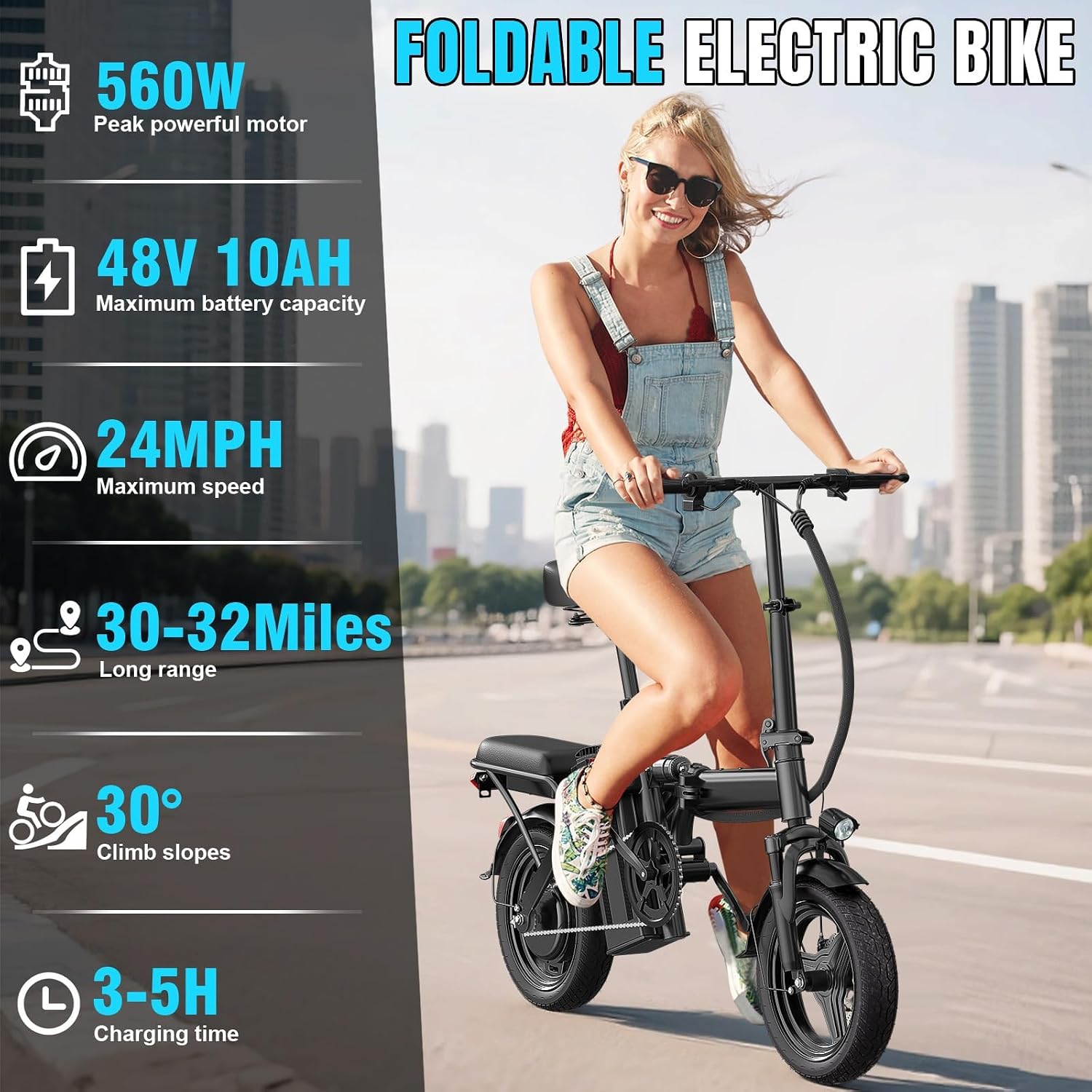Electric Bike for Adults and Teens, 560-740W Motor, 20-25MPH Compact Commuter Folding Ebike, 32 Miles Range, 48V 10Ah Battery, 3-Level Pedal Assist, 14' Foldable Electric Bicycle, UL 2849 Certified